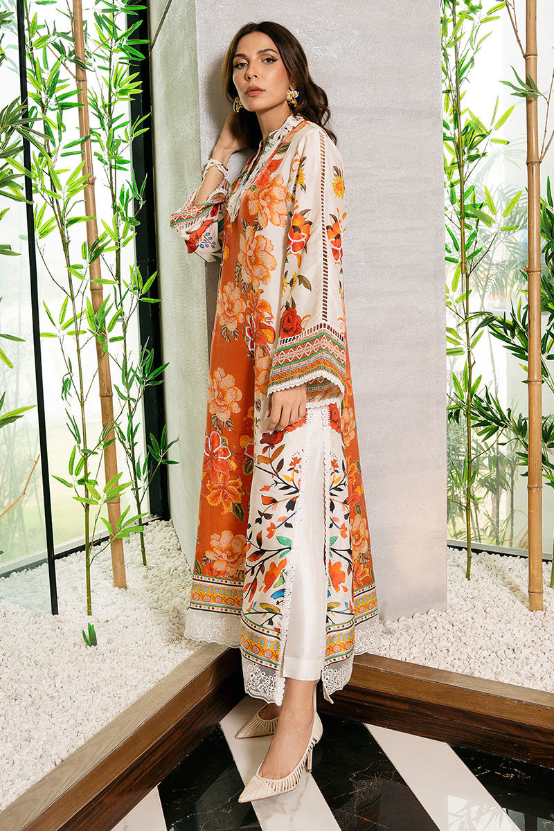 Cherry Red Floral Printed Pure Raw Silk Long Shirt (2-Piece) - Image 5