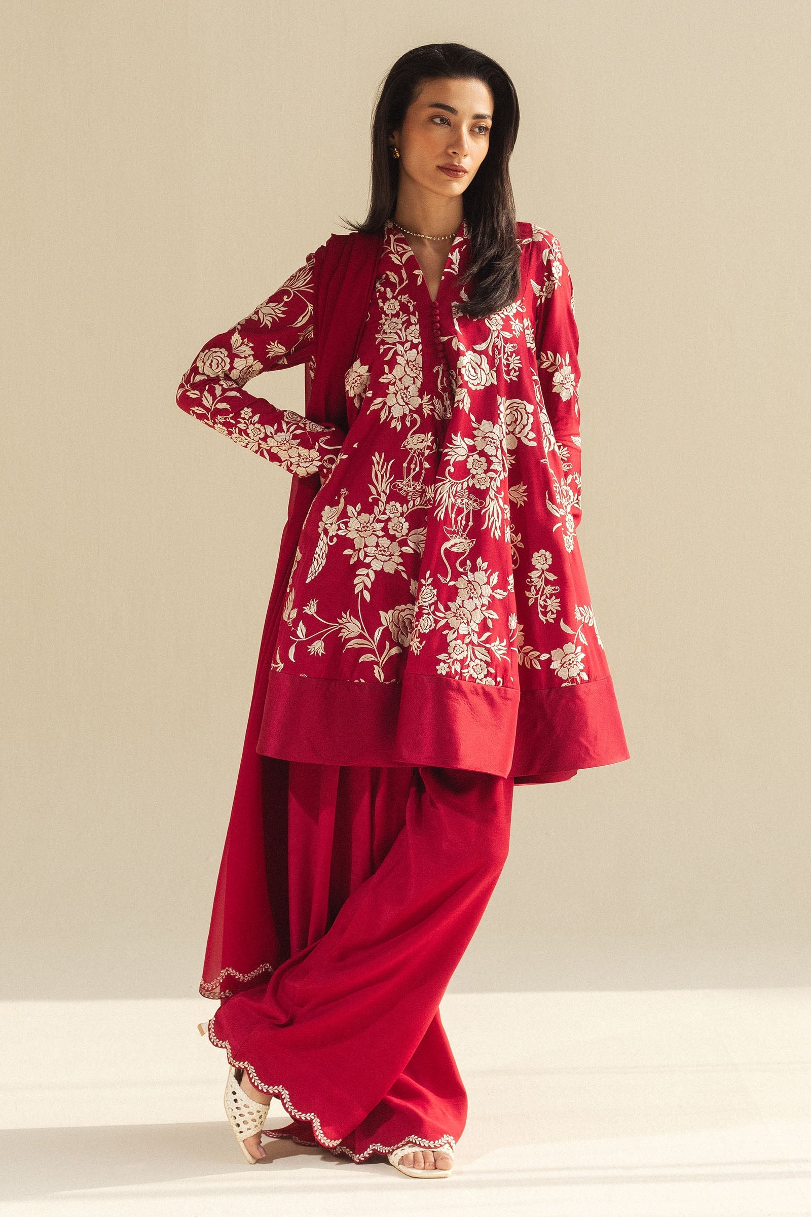 Pakistani Pomegranate Red Gara Embroidered Raw Silk Salwar Kameez (3-Piece) - Image 1