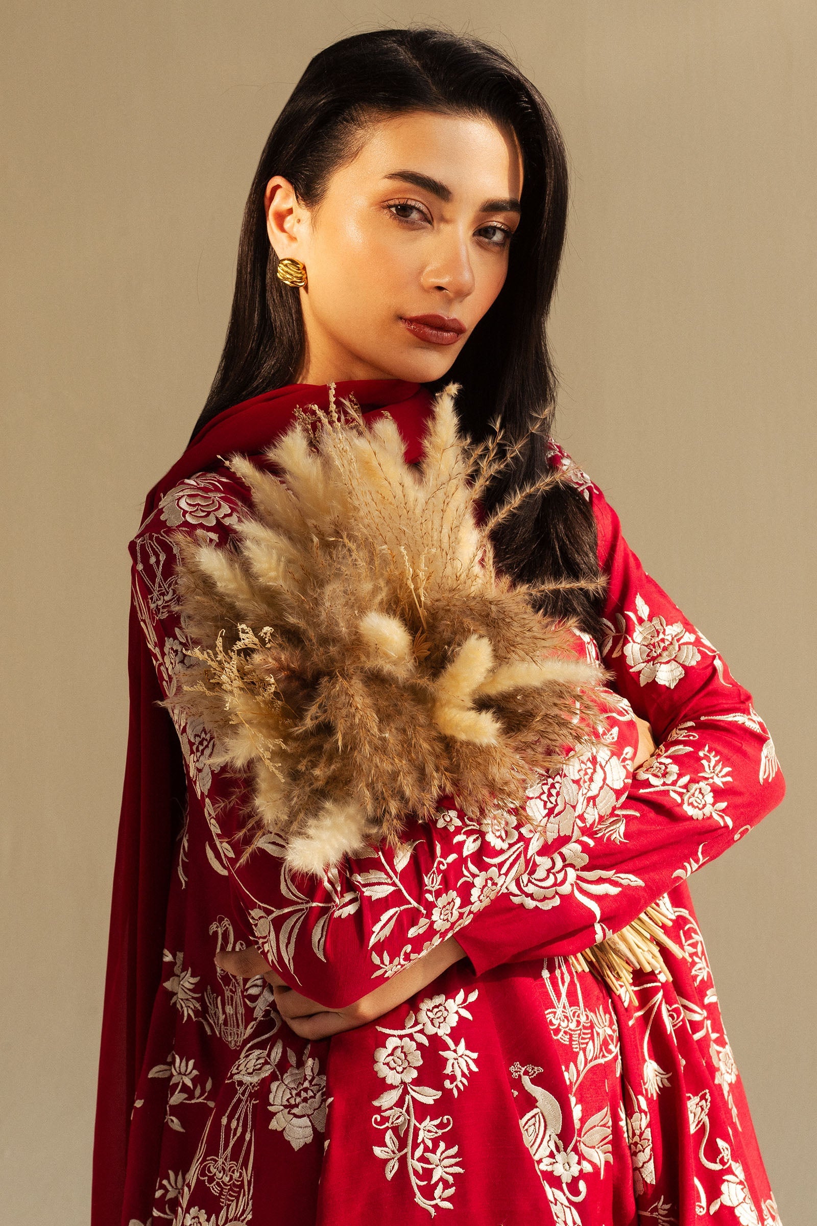 Pakistani Pomegranate Red Gara Embroidered Raw Silk Salwar Kameez (3-Piece) - Image 2