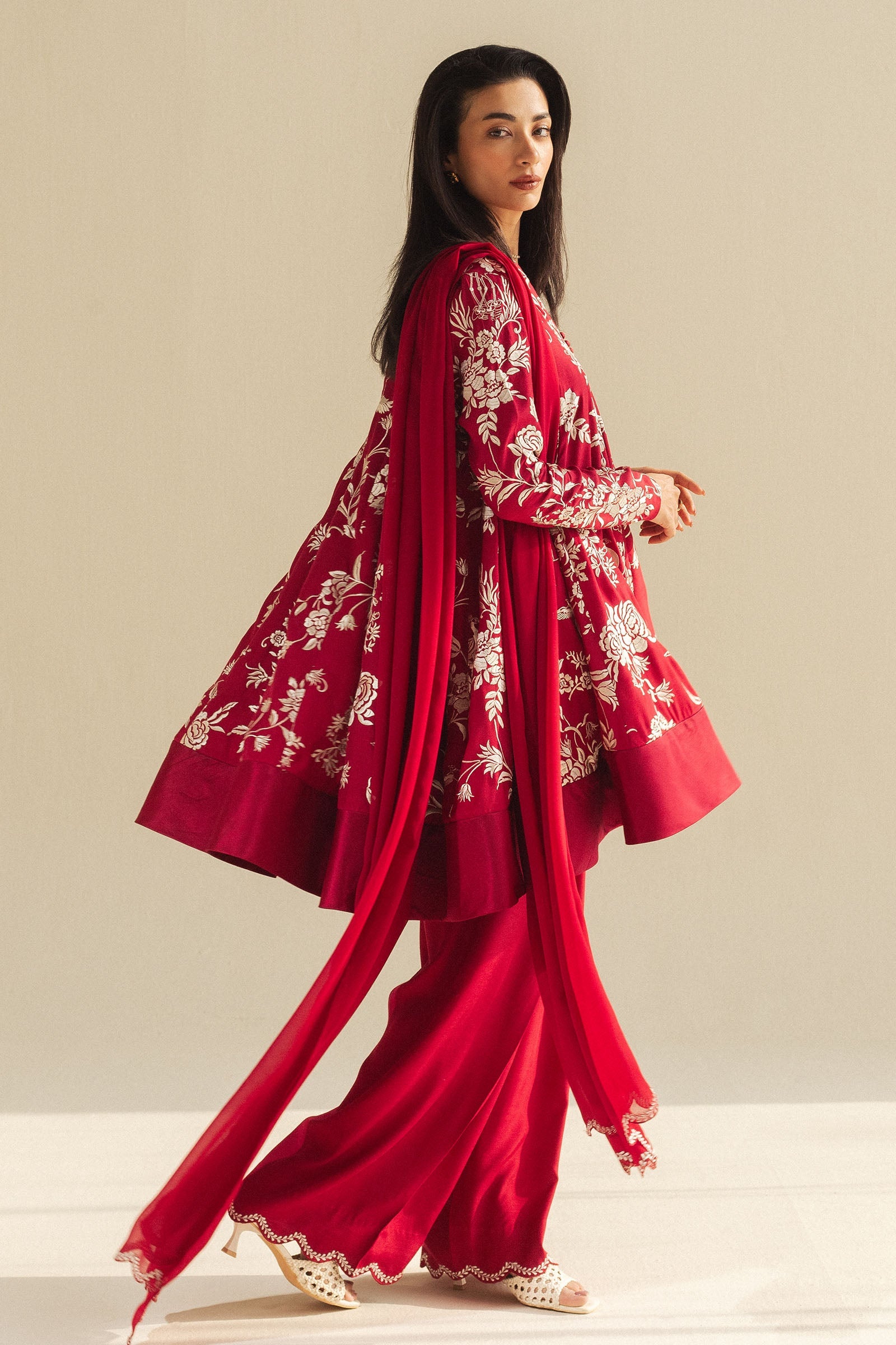 Pakistani Pomegranate Red Gara Embroidered Raw Silk Salwar Kameez (3-Piece) - Image 3