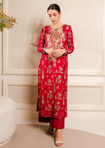 Red Embroidered Korean Raw Silk Salwar Kameez (2-Piece) - Image 2