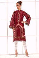 Pakistani Crimson Gold Hand Block Print Raw Silk Salwar Kameez (2-Piece) - Image 1