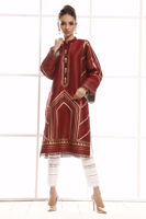 Pakistani Crimson Gold Hand Block Print Raw Silk Salwar Kameez (2-Piece) - Image 2