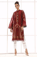 Pakistani Crimson Gold Hand Block Print Raw Silk Salwar Kameez (2-Piece) - Image 3