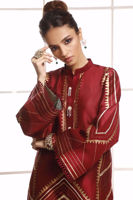 Pakistani Crimson Gold Hand Block Print Raw Silk Salwar Kameez (2-Piece) - Image 5