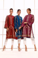 Pakistani Crimson Gold Hand Block Print Raw Silk Salwar Kameez (2-Piece) - Image 6