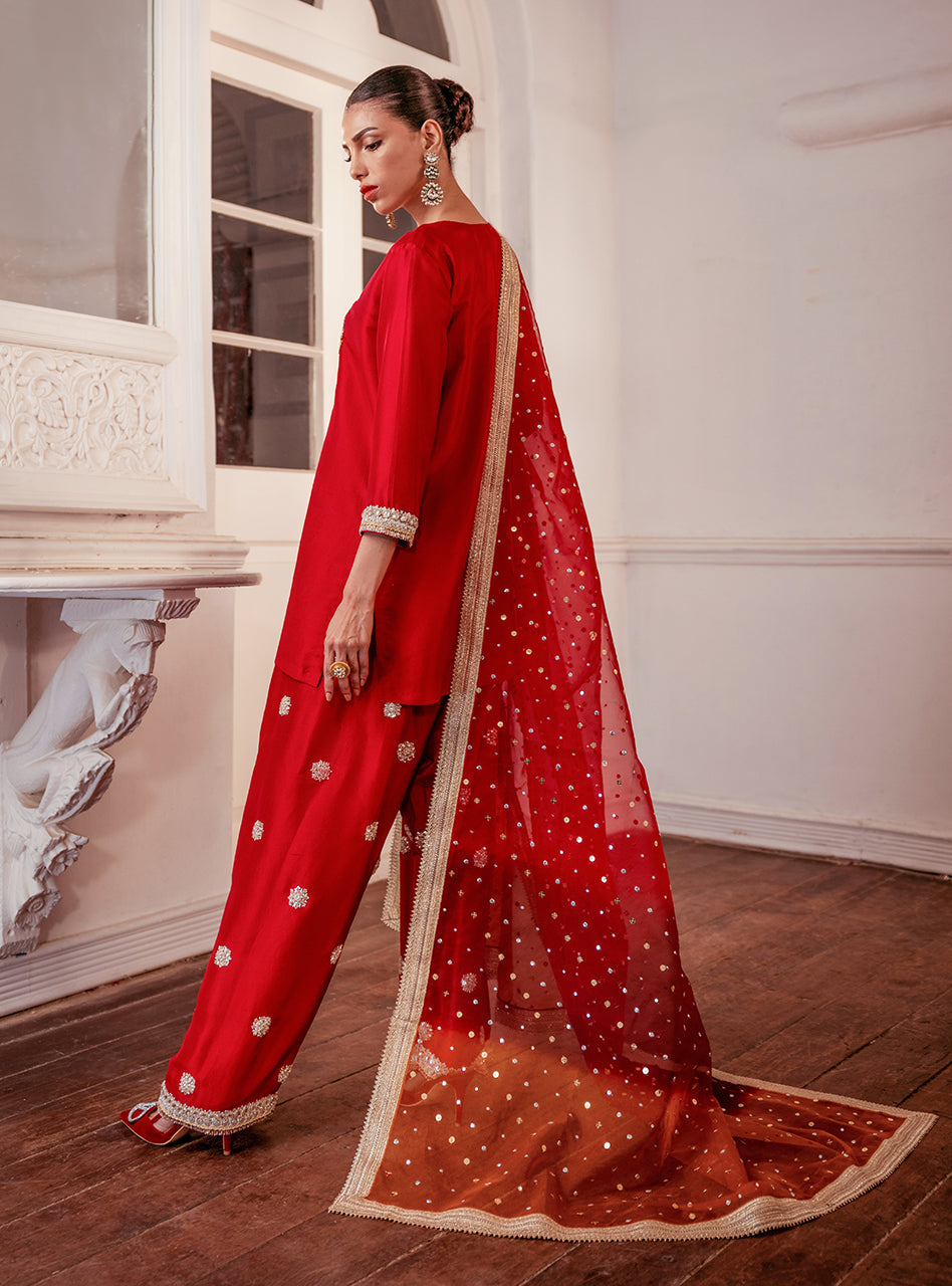 Pakistani Red Embroidered Raw Silk Salwar Kameez (3-Piece) - Image 2
