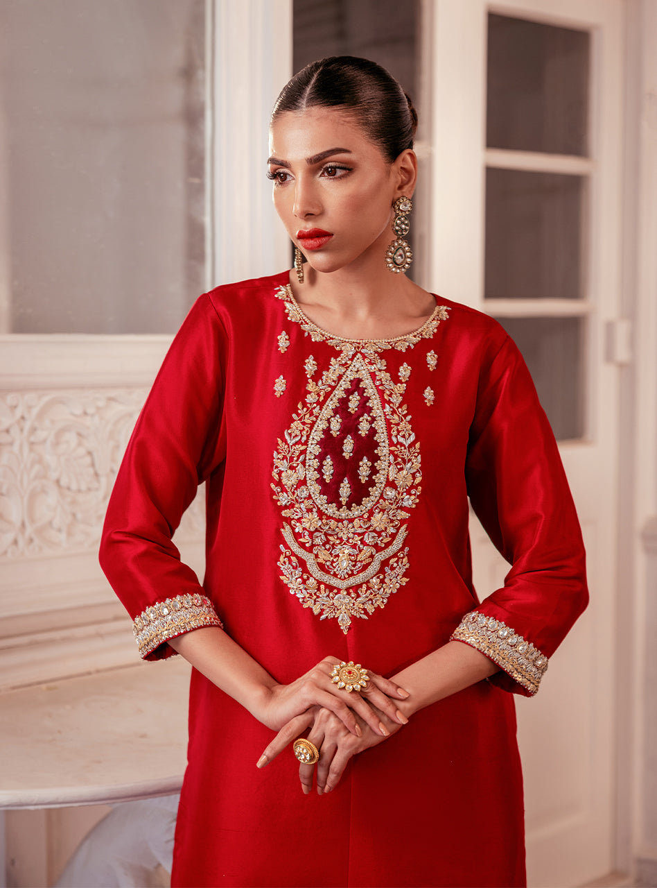 Pakistani Red Embroidered Raw Silk Salwar Kameez (3-Piece) - Image 4