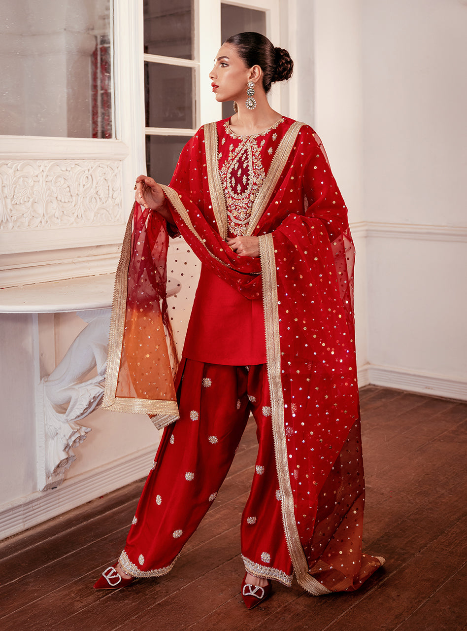 Pakistani Red Embroidered Raw Silk Salwar Kameez (3-Piece) - Image 6