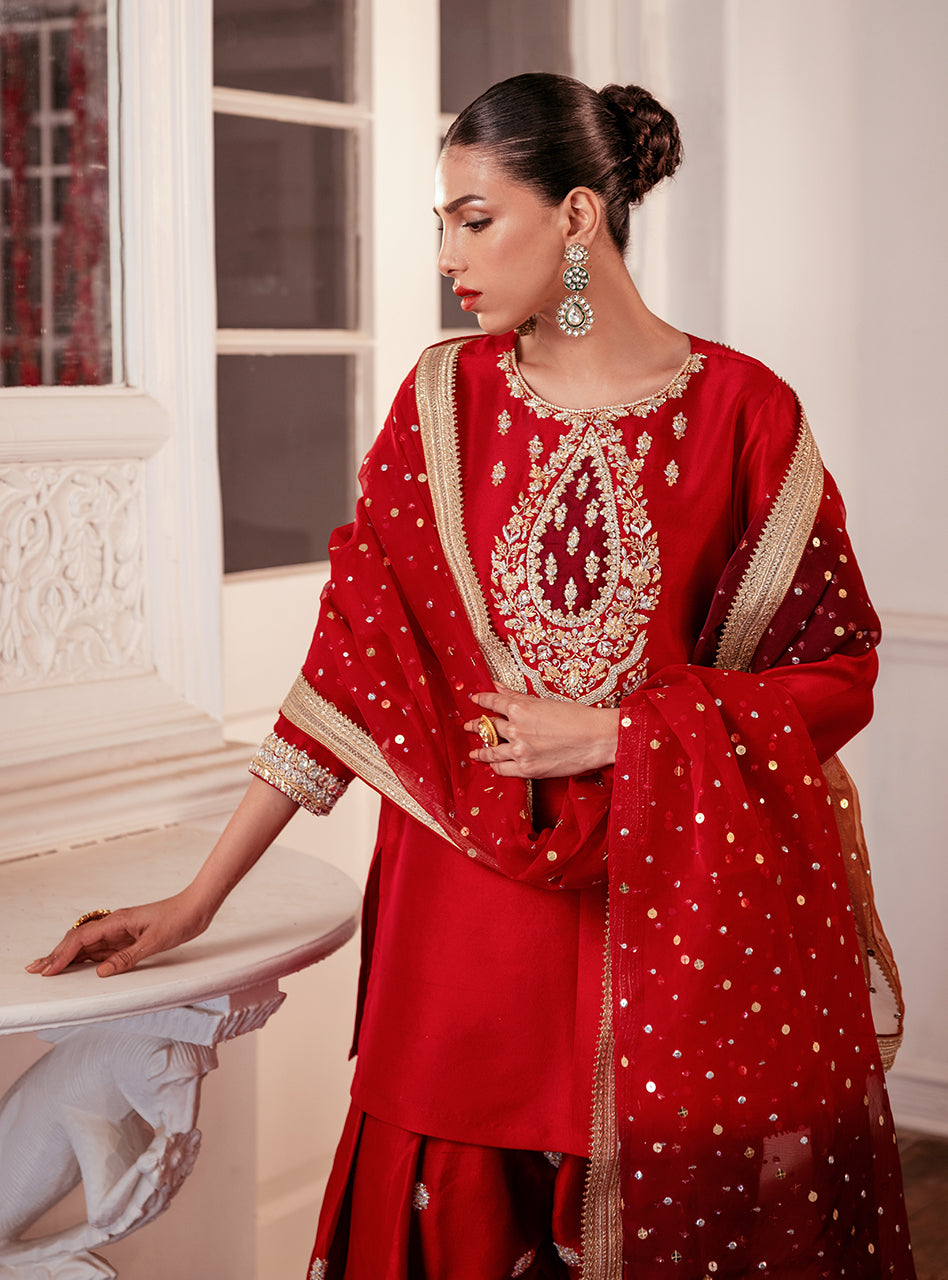 Pakistani Red Embroidered Raw Silk Salwar Kameez (3-Piece) - Image 7