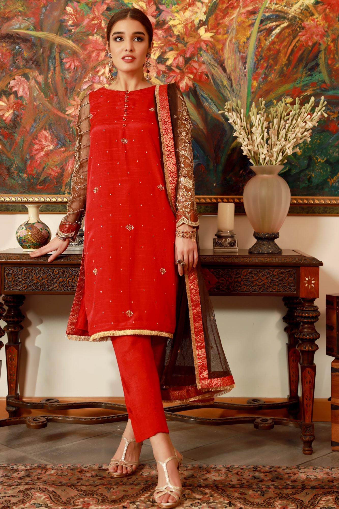 Red Embroidered Raw Silk & Net Salwar Kameez (3-Piece) - Image 2