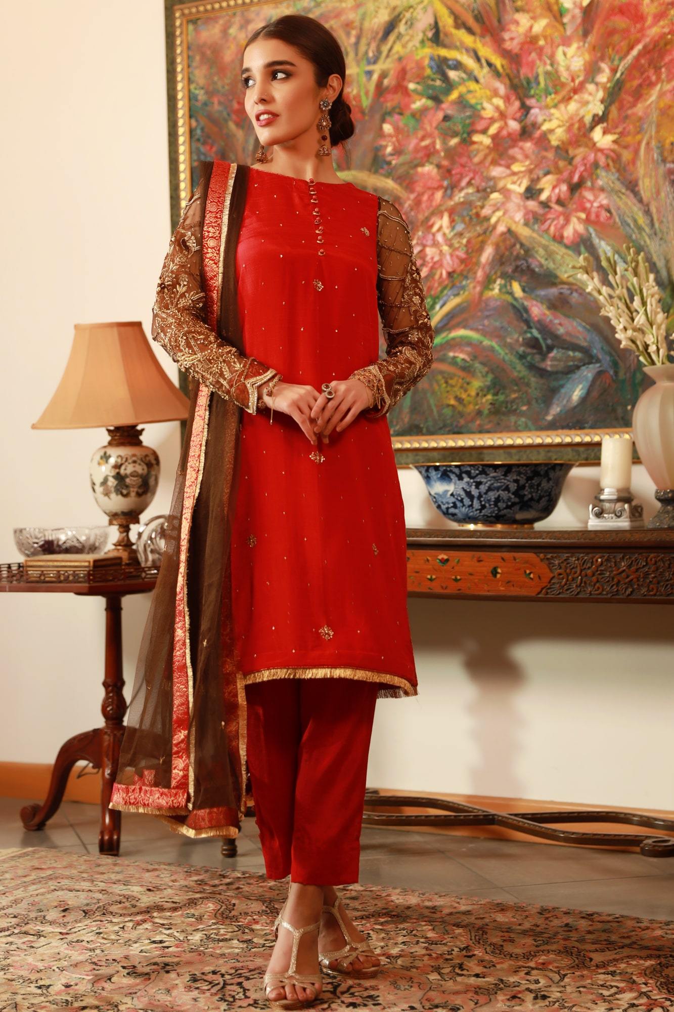 Red Embroidered Raw Silk & Net Salwar Kameez (3-Piece) - Image 4