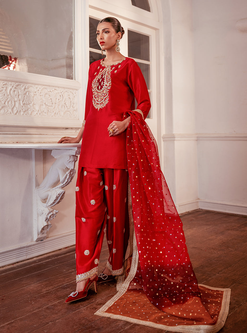 Pakistani Crimson Embroidered Raw Silk Salwar Kameez (3-Piece) - Image 1