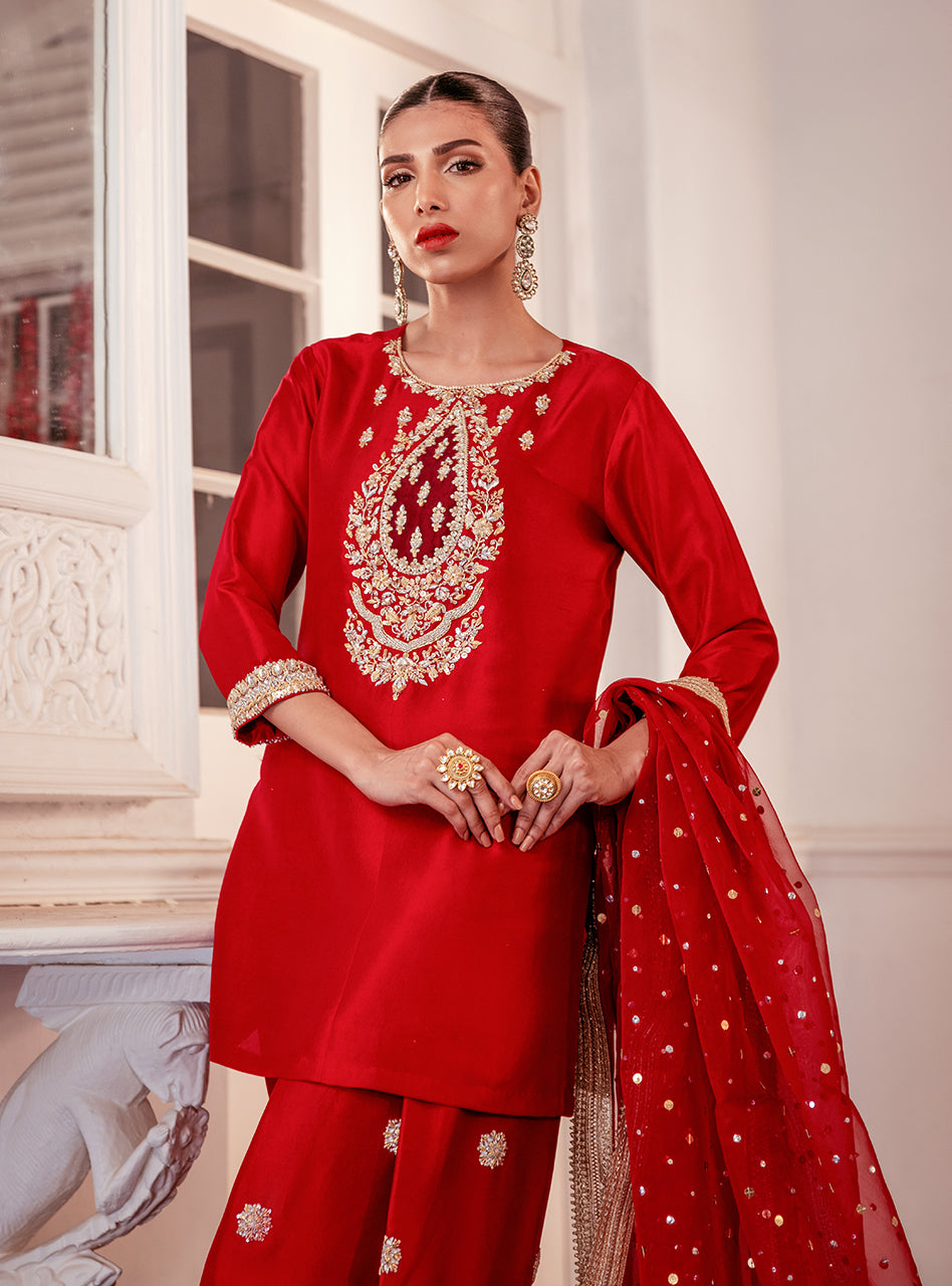 Pakistani Crimson Embroidered Raw Silk Salwar Kameez (3-Piece) - Image 2
