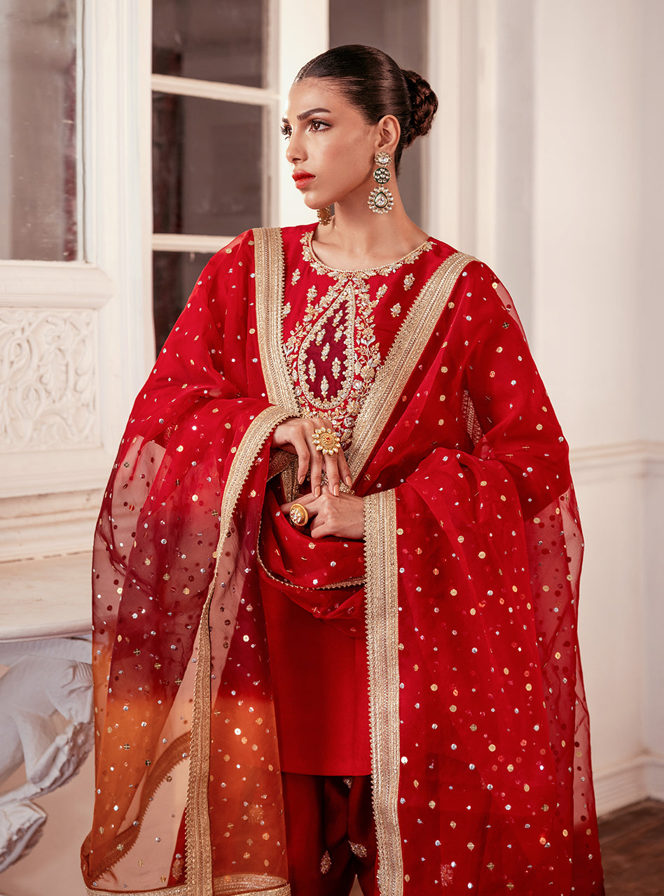 Pakistani Crimson Embroidered Raw Silk Salwar Kameez (3-Piece) - Image 4