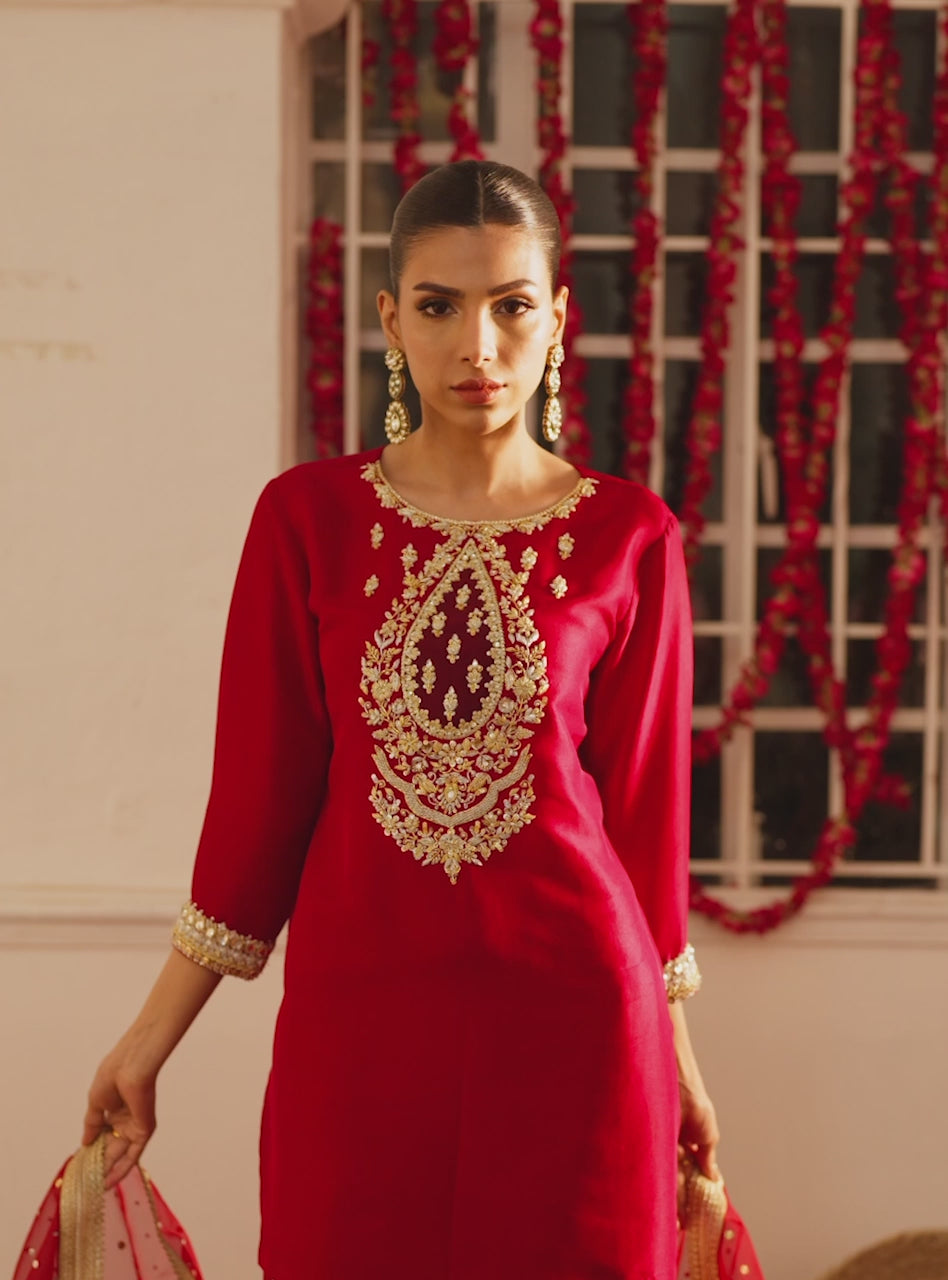 Pakistani Crimson Embroidered Raw Silk Salwar Kameez (3-Piece) - Image 6