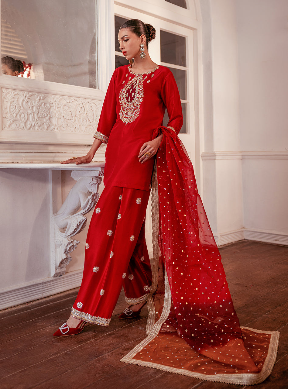Pakistani Crimson Embroidered Raw Silk Salwar Kameez (3-Piece) - Image 8