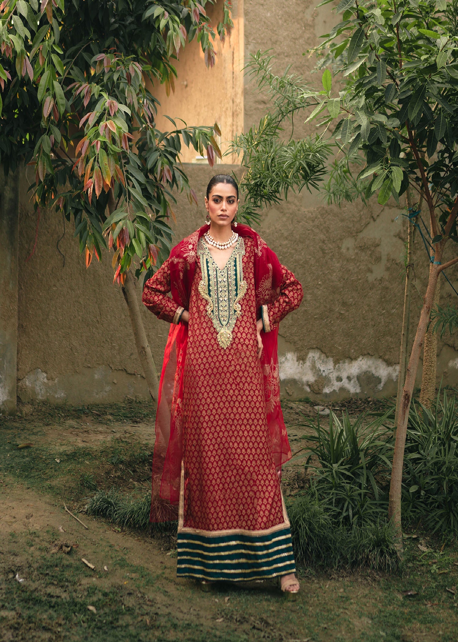 Pakistani Red Hand-Embellished Raw Silk Kurta Set (3-Piece) - Image 1