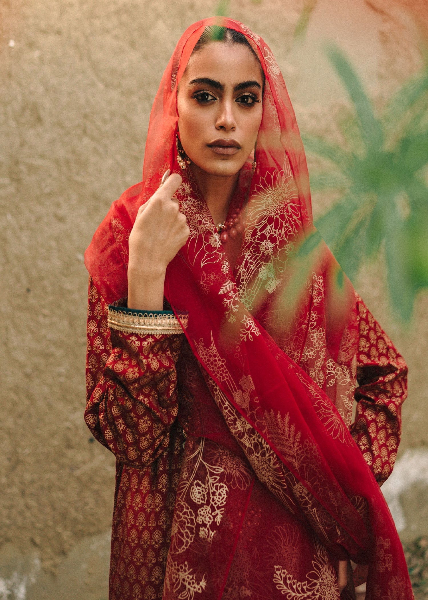 Pakistani Red Hand-Embellished Raw Silk Kurta Set (3-Piece) - Image 3