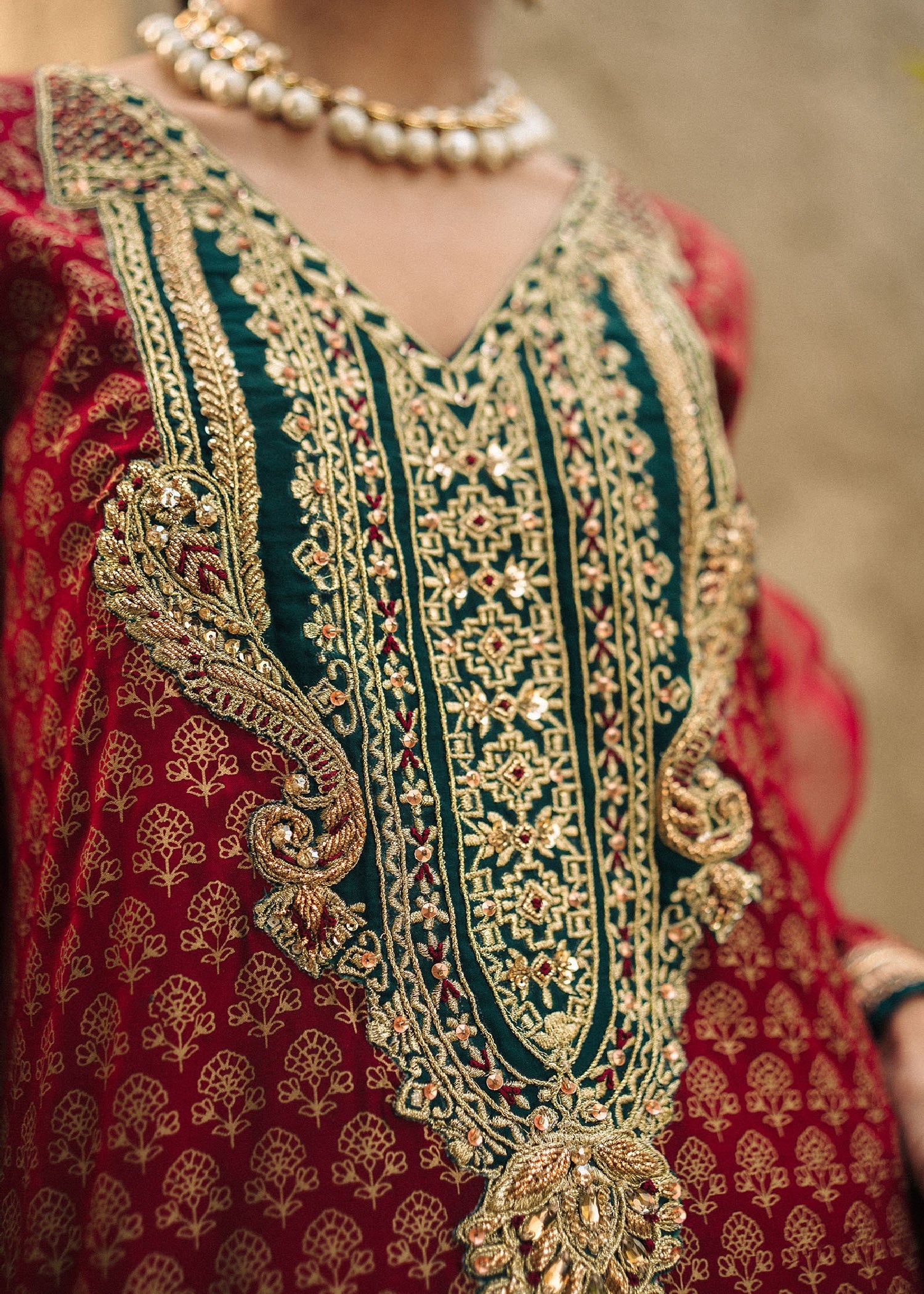 Pakistani Red Hand-Embellished Raw Silk Kurta Set (3-Piece) - Image 4