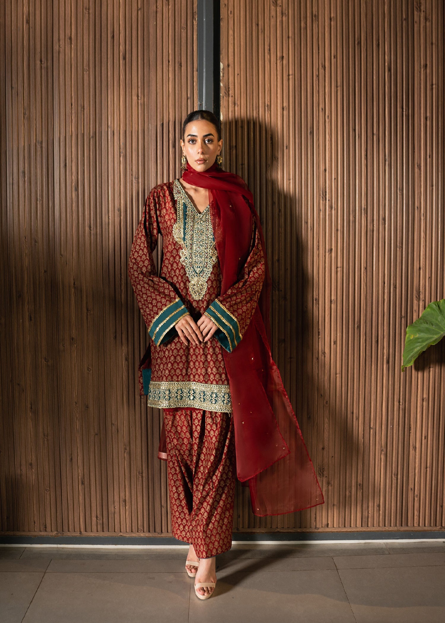 Pakistani Deep Red Hand-Embellished Raw Silk Kurta Set (3-Piece) - Image 1