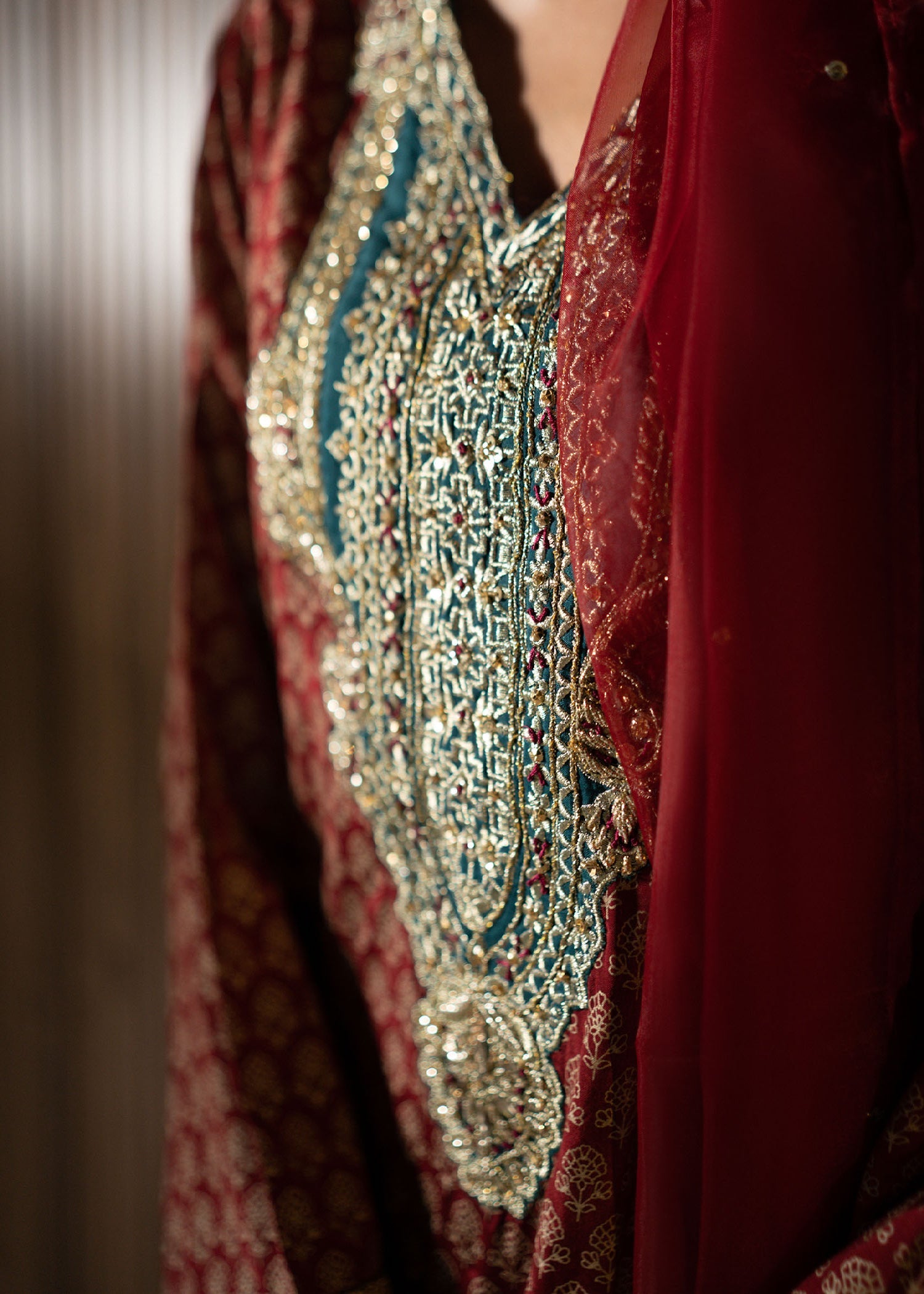 Pakistani Deep Red Hand-Embellished Raw Silk Kurta Set (3-Piece) - Image 3