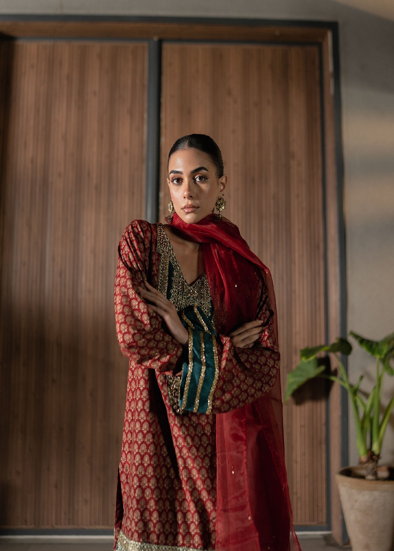 Pakistani Deep Red Hand-Embellished Raw Silk Kurta Set (3-Piece) - Image 4