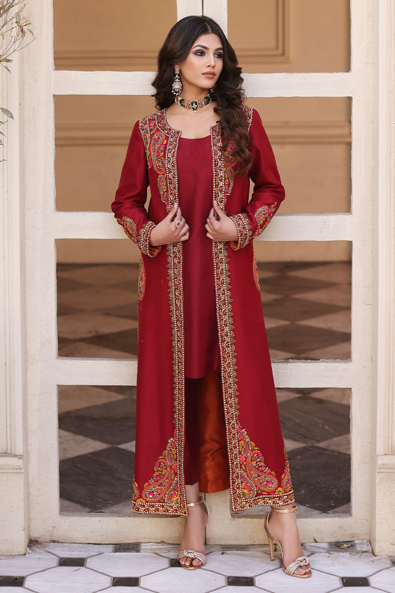 Haute Red Resham Embroidered Raw Silk Jacket Kameez (2-Piece) - Image 1