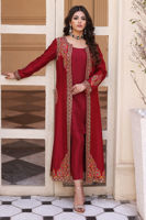 Haute Red Resham Embroidered Raw Silk Jacket Kameez (2-Piece) - Image 3