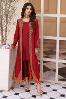 Haute Red Resham Embroidered Raw Silk Jacket Kameez (2-Piece) - Image 4