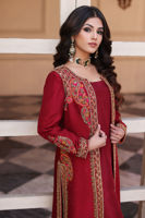 Haute Red Resham Embroidered Raw Silk Jacket Kameez (2-Piece) - Image 6