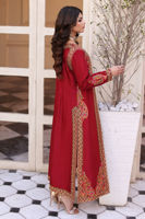 Haute Red Resham Embroidered Raw Silk Jacket Kameez (2-Piece) - Image 7