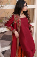 Haute Red Resham Embroidered Raw Silk Jacket Kameez (2-Piece) - Image 8