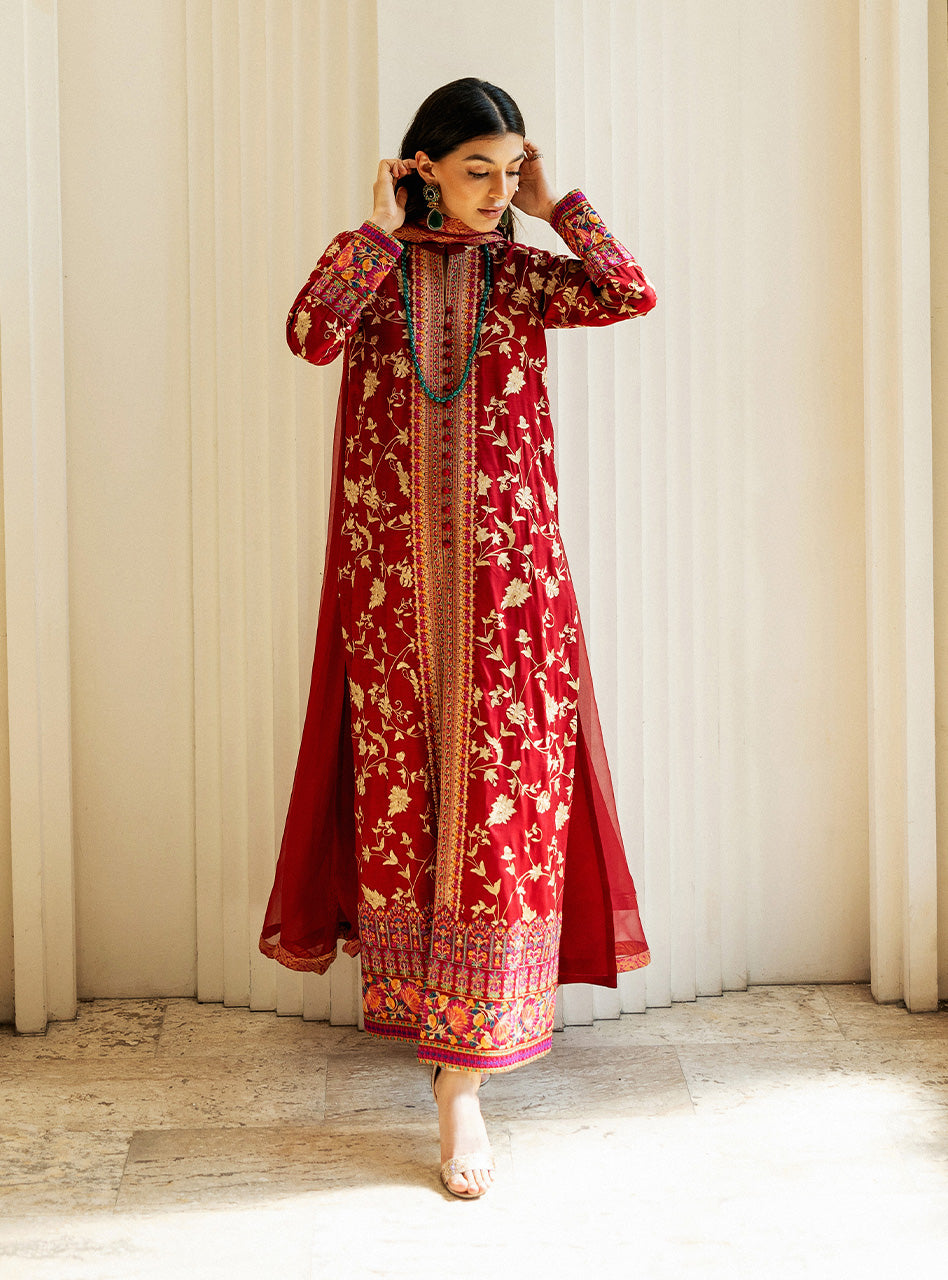 Scarlet Red Kashmiri Embroidered Raw Silk Long Shirt (3-Piece) - Image 3