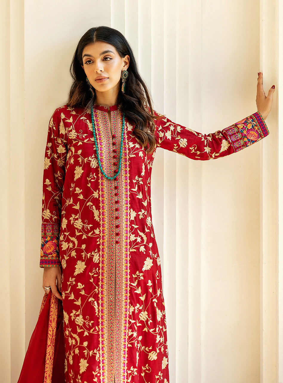 Scarlet Red Kashmiri Embroidered Raw Silk Long Shirt (3-Piece) - Image 5