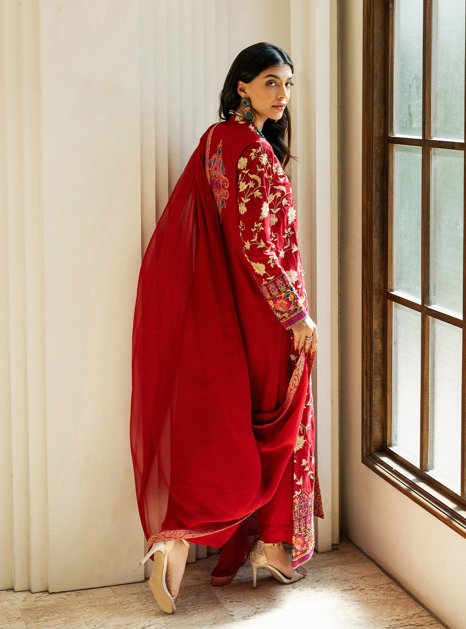 Scarlet Red Kashmiri Embroidered Raw Silk Long Shirt (3-Piece) - Image 7