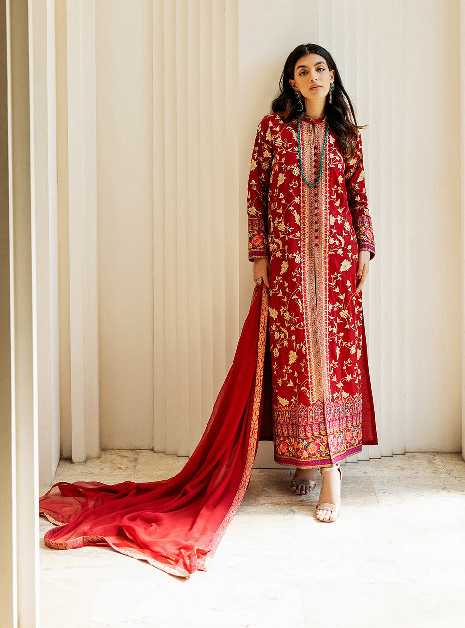 Pakistani Scarlet Red Kashmiri Embroidered Raw Silk Long Shirt (3-Piece) - Image 1