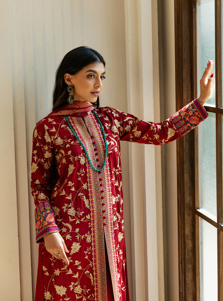 Pakistani Scarlet Red Kashmiri Embroidered Raw Silk Long Shirt (3-Piece) - Image 2