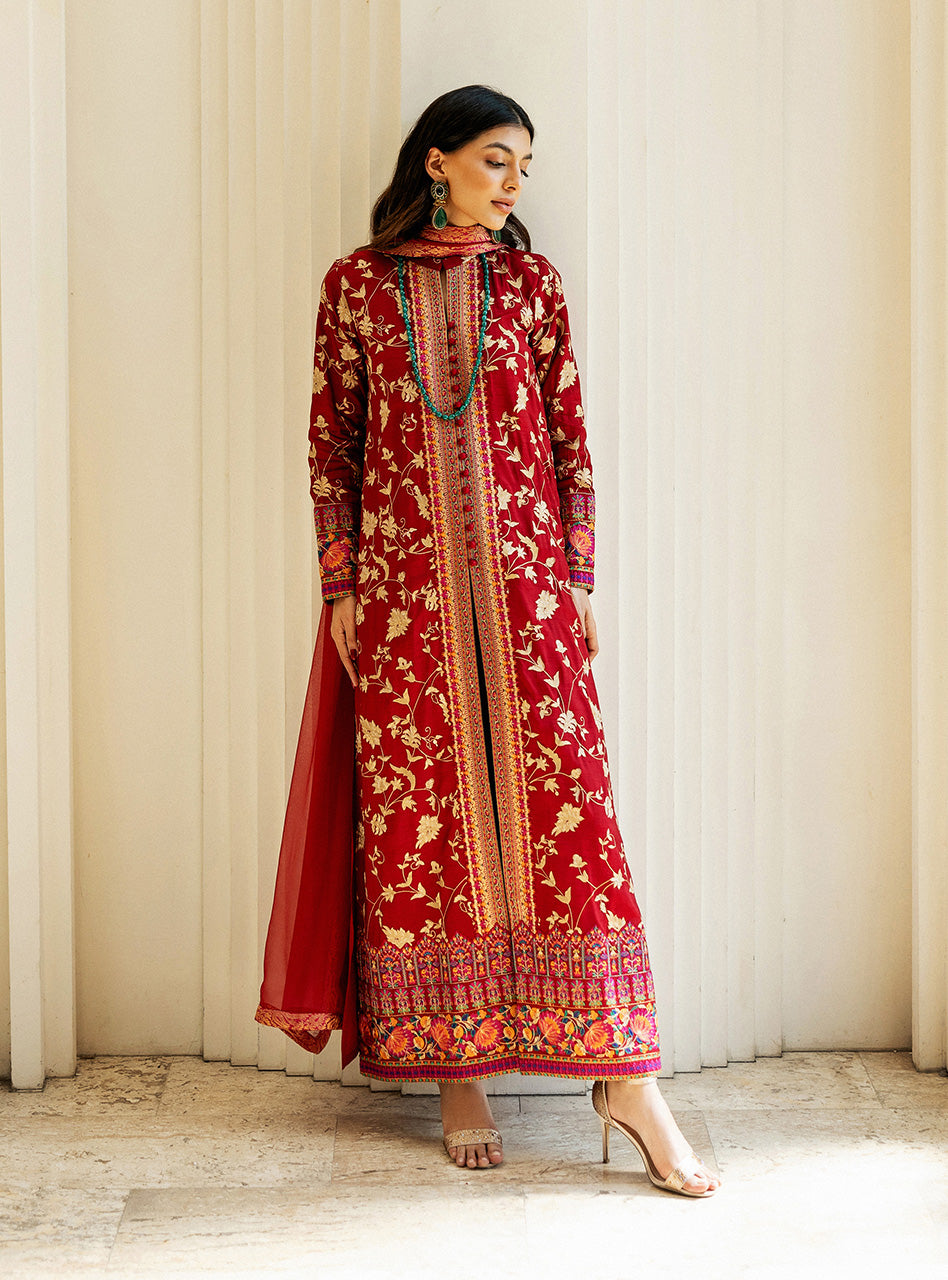 Pakistani Scarlet Red Kashmiri Embroidered Raw Silk Long Shirt (3-Piece) - Image 7