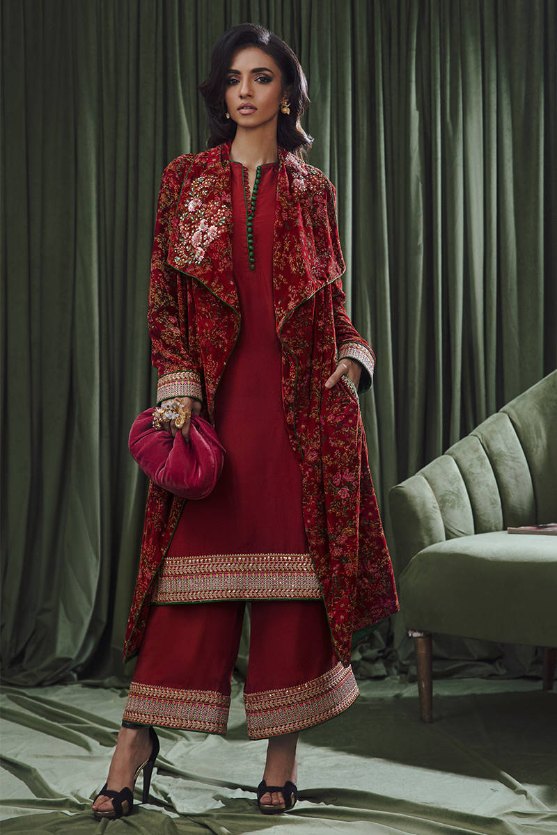 Pakistani Rust Embroidered Raw Silk Trench Jacket Set (3-Piece) - Image 1