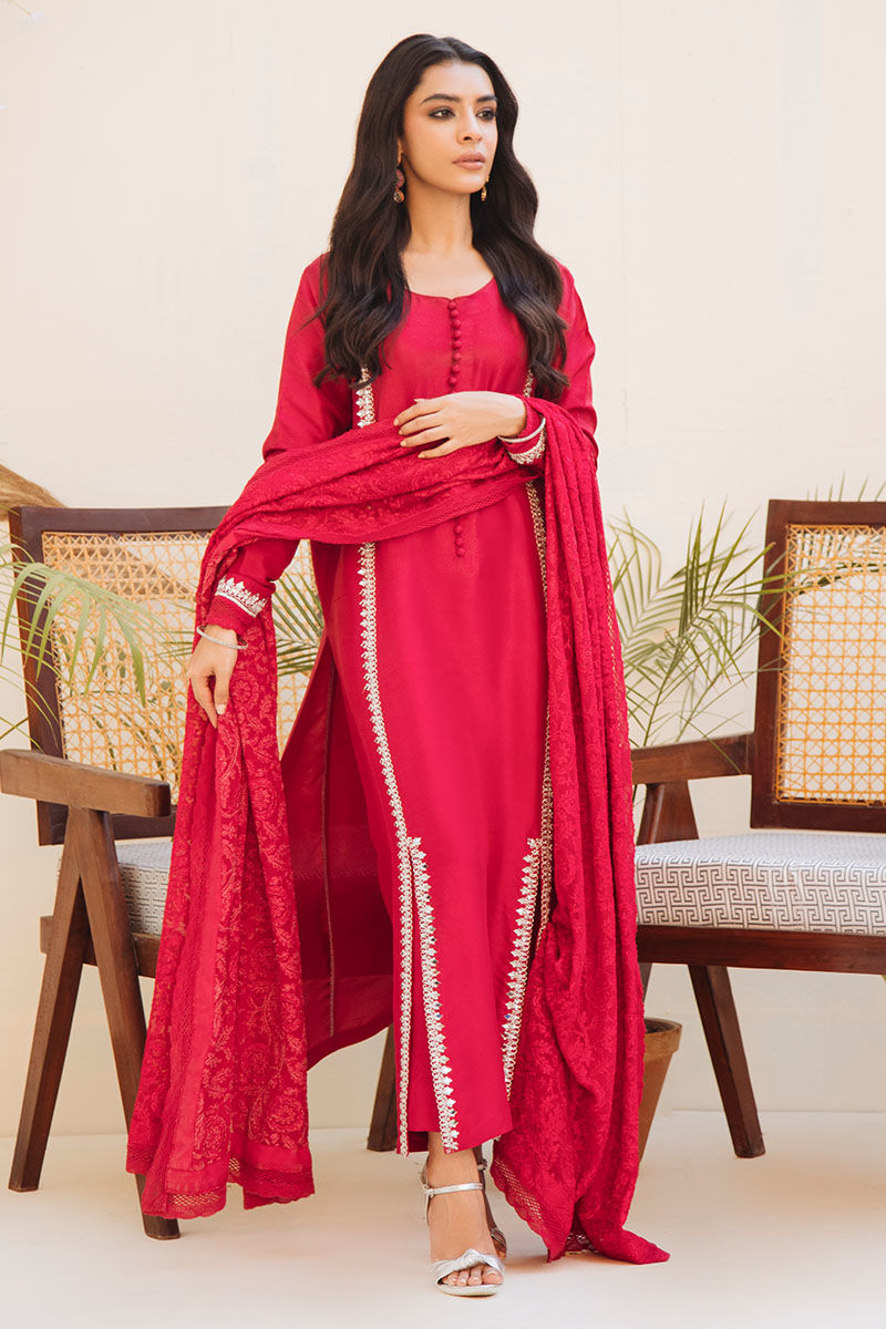 Red Hand-Embellished Pure Raw Silk Salwar Kameez (3-Piece) - Image 1