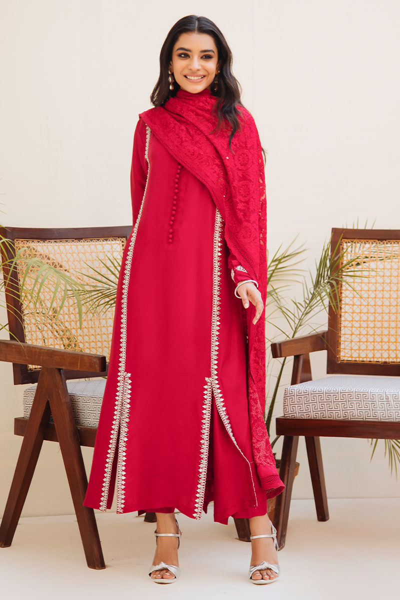 Red Hand-Embellished Pure Raw Silk Salwar Kameez (3-Piece) - Image 2