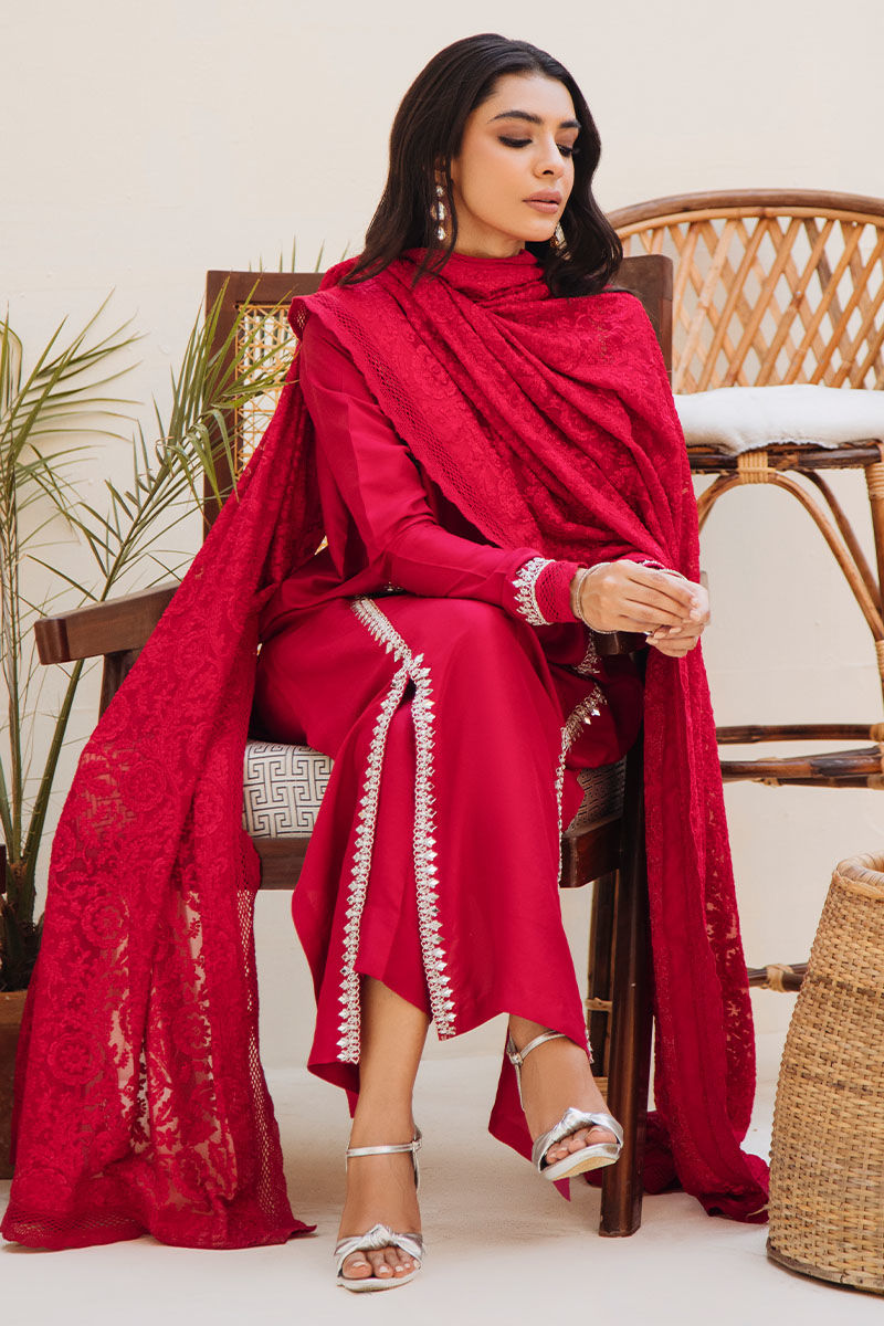 Red Hand-Embellished Pure Raw Silk Salwar Kameez (3-Piece) - Image 3
