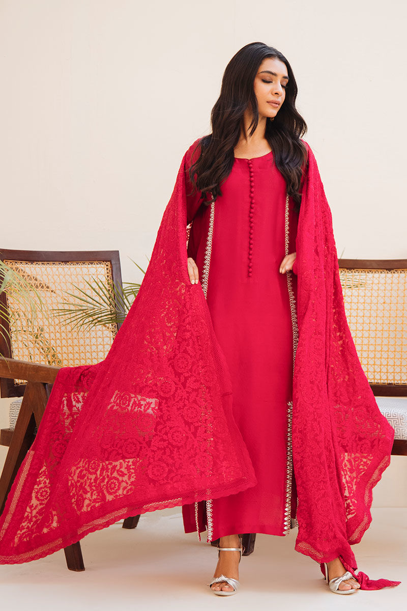 Red Hand-Embellished Pure Raw Silk Salwar Kameez (3-Piece) - Image 4