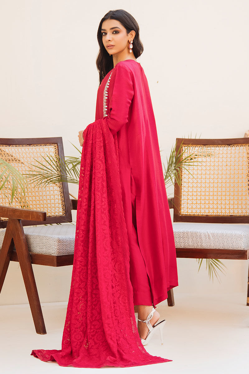 Red Hand-Embellished Pure Raw Silk Salwar Kameez (3-Piece) - Image 5