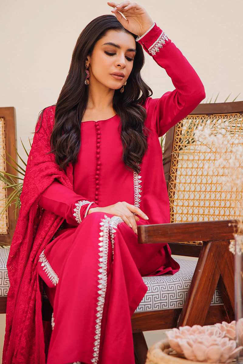 Red Hand-Embellished Pure Raw Silk Salwar Kameez (3-Piece) - Image 7