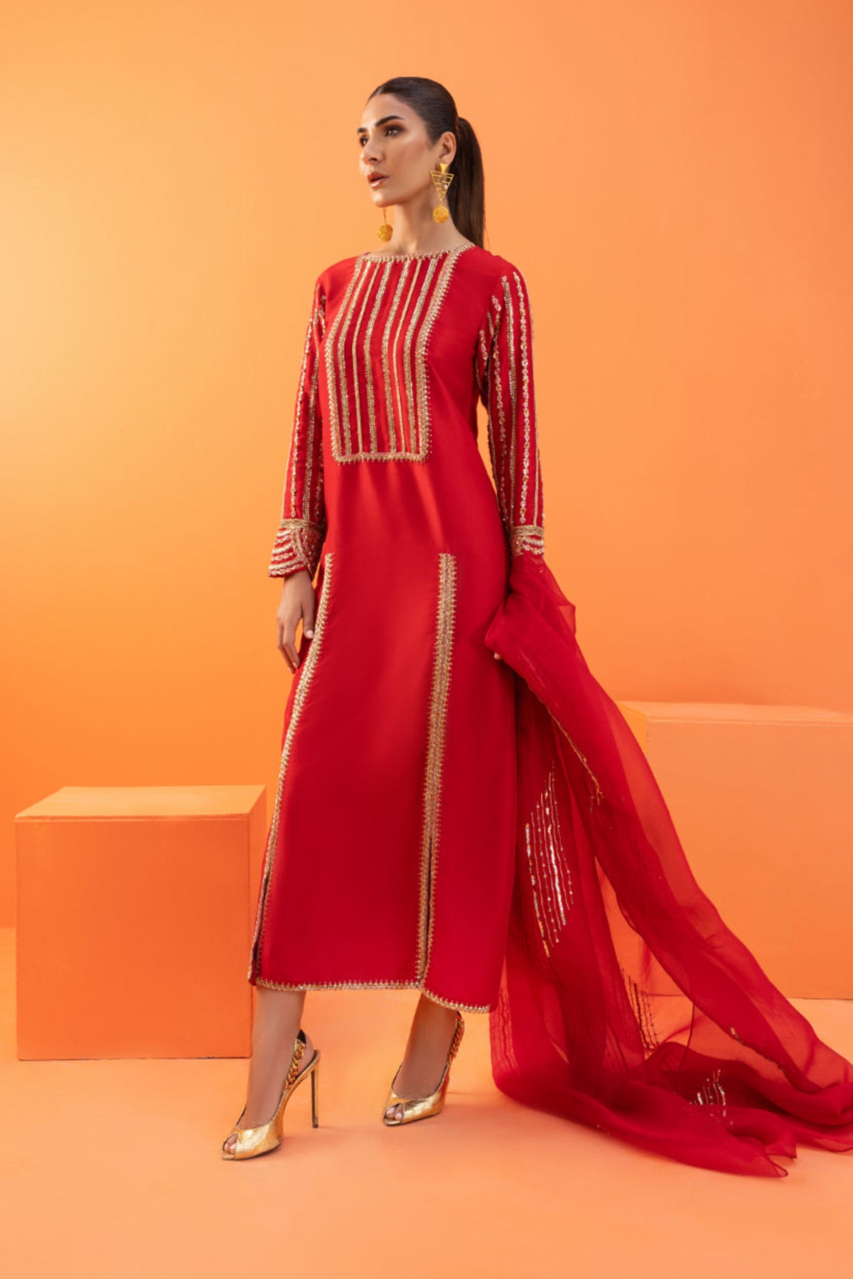 Pakistani Red Embroidered Raw Silk Salwar Kameez (3-Piece) - Image 1