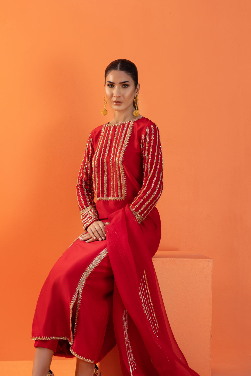 Pakistani Red Embroidered Raw Silk Salwar Kameez (3-Piece) - Image 3