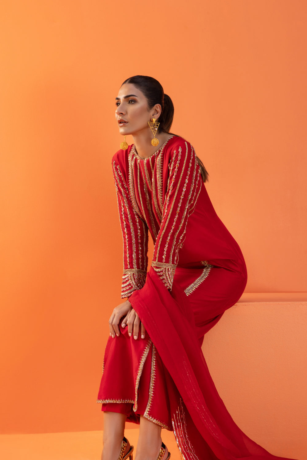 Pakistani Red Embroidered Raw Silk Salwar Kameez (3-Piece) - Image 4