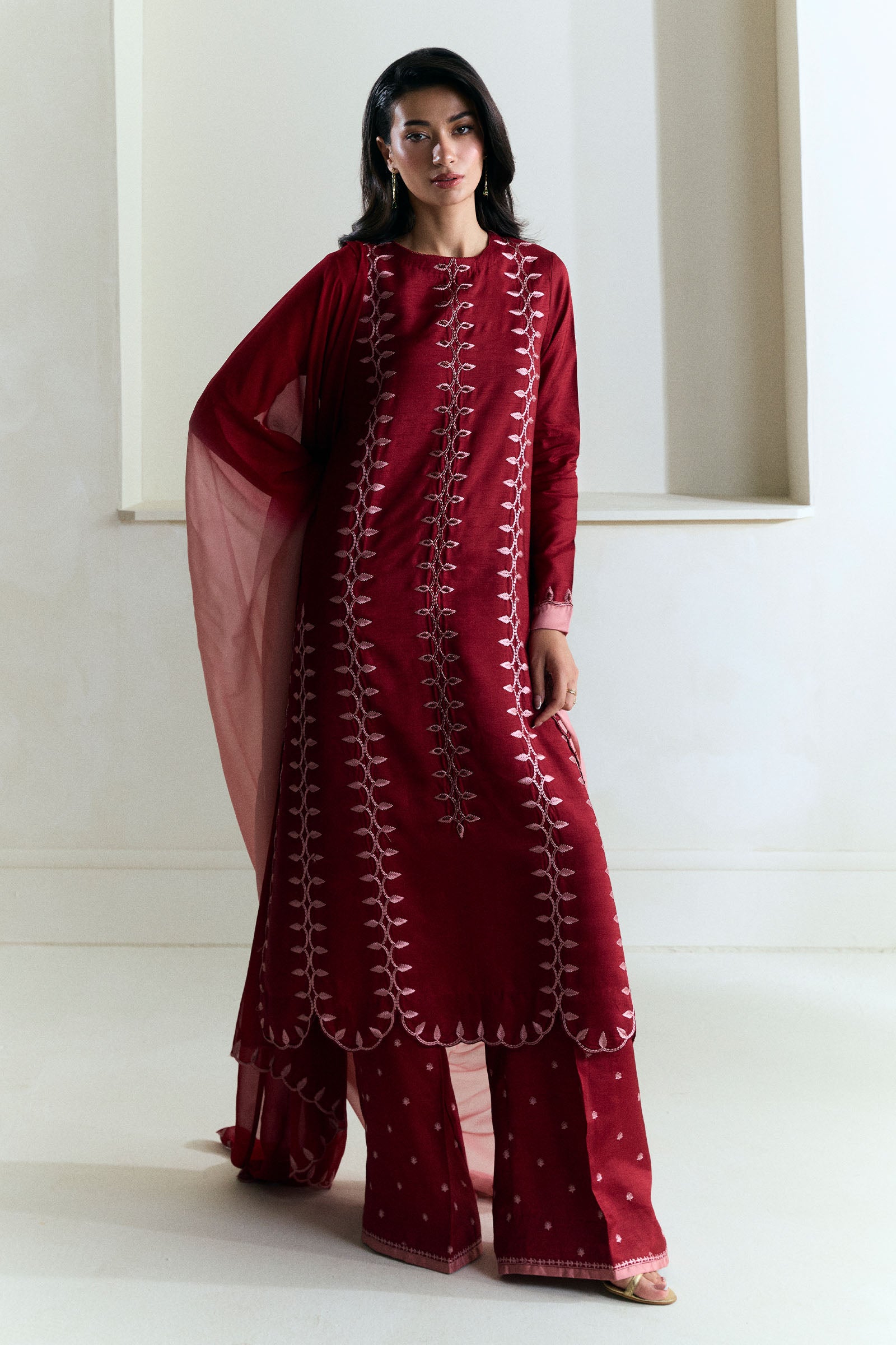 Deep Red Embroidered Raw Silk Salwar Kameez (3-Piece) - Image 1